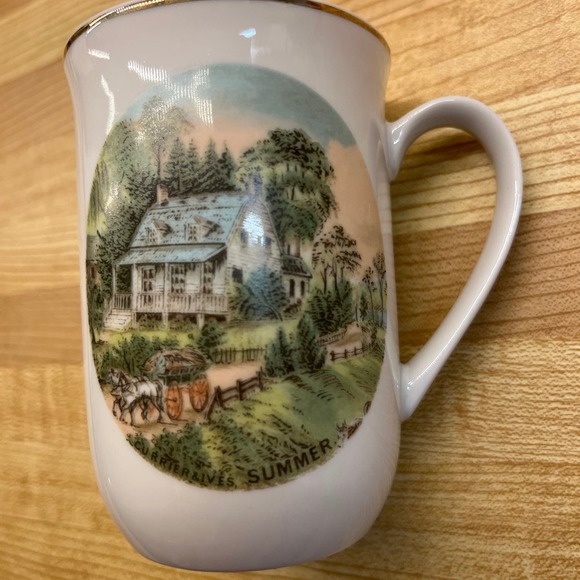Vintage Currier & Ives Collectible 4 Seasons Mugs Gold Trim Summer and Autumn - Picture 3 of 8